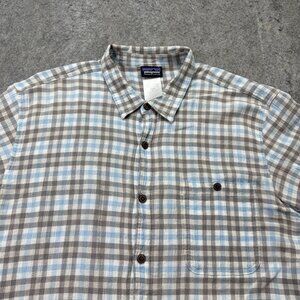 Patagonia A/C Shirt Men L Blue Gray White Gauze Plaid 52921 Organic